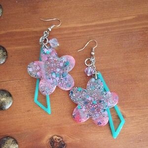 Floral Glitter Earrings with Teal Accents